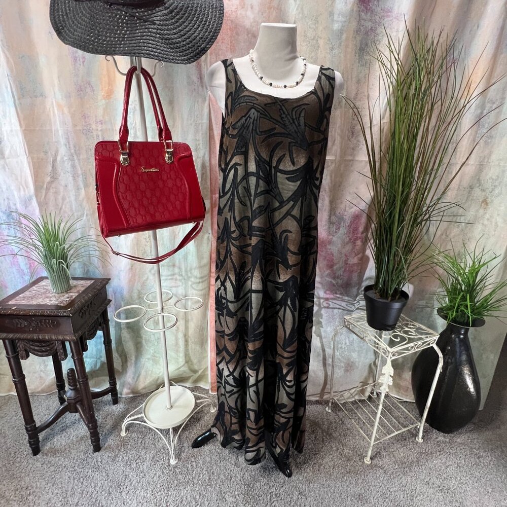 📌Barisal Airy Pull On Maxi Viscose Mix Dress w/ Light Black Transparent Parts